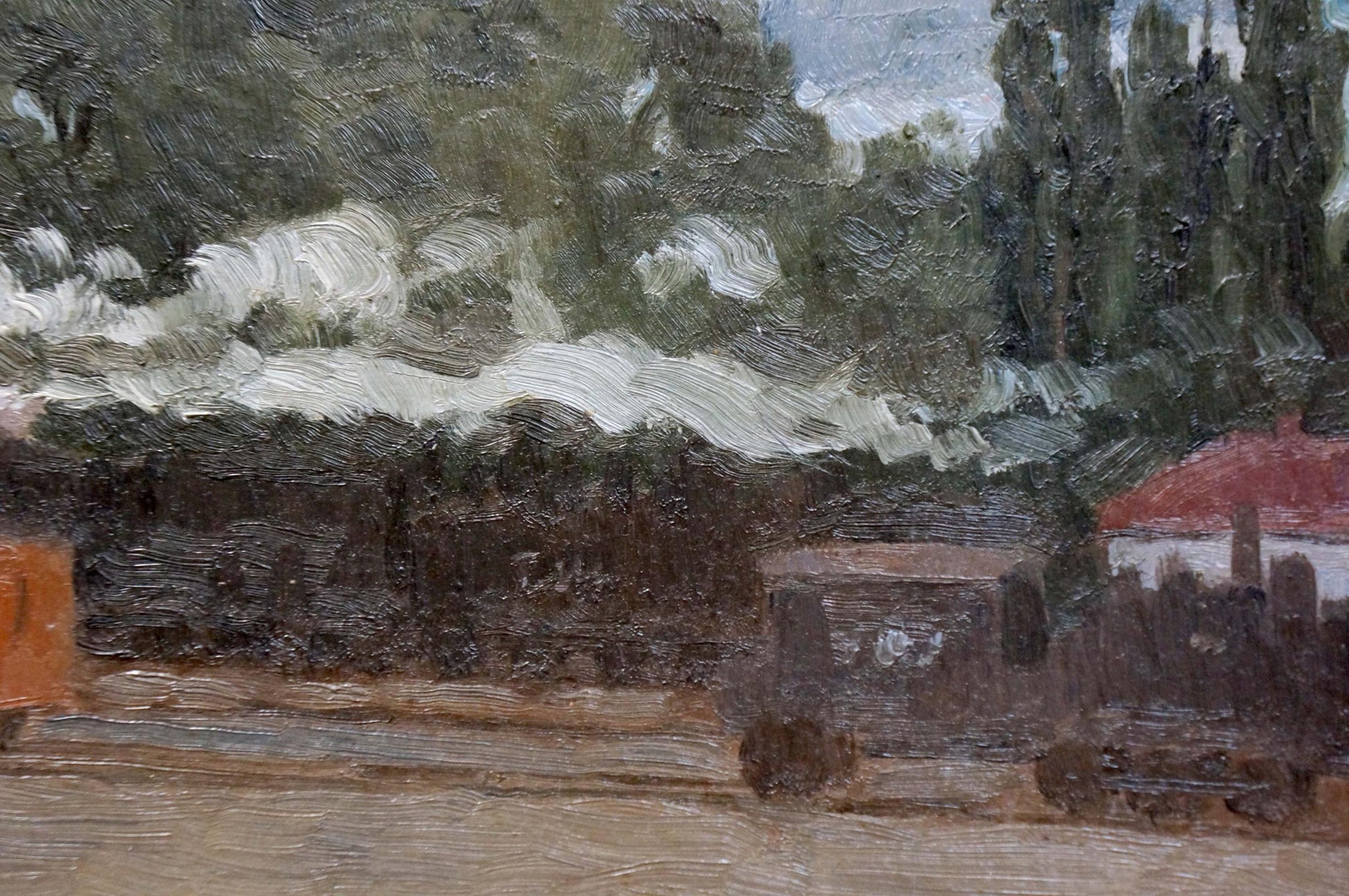 Oil painting The train has started with dark green trees and clouds