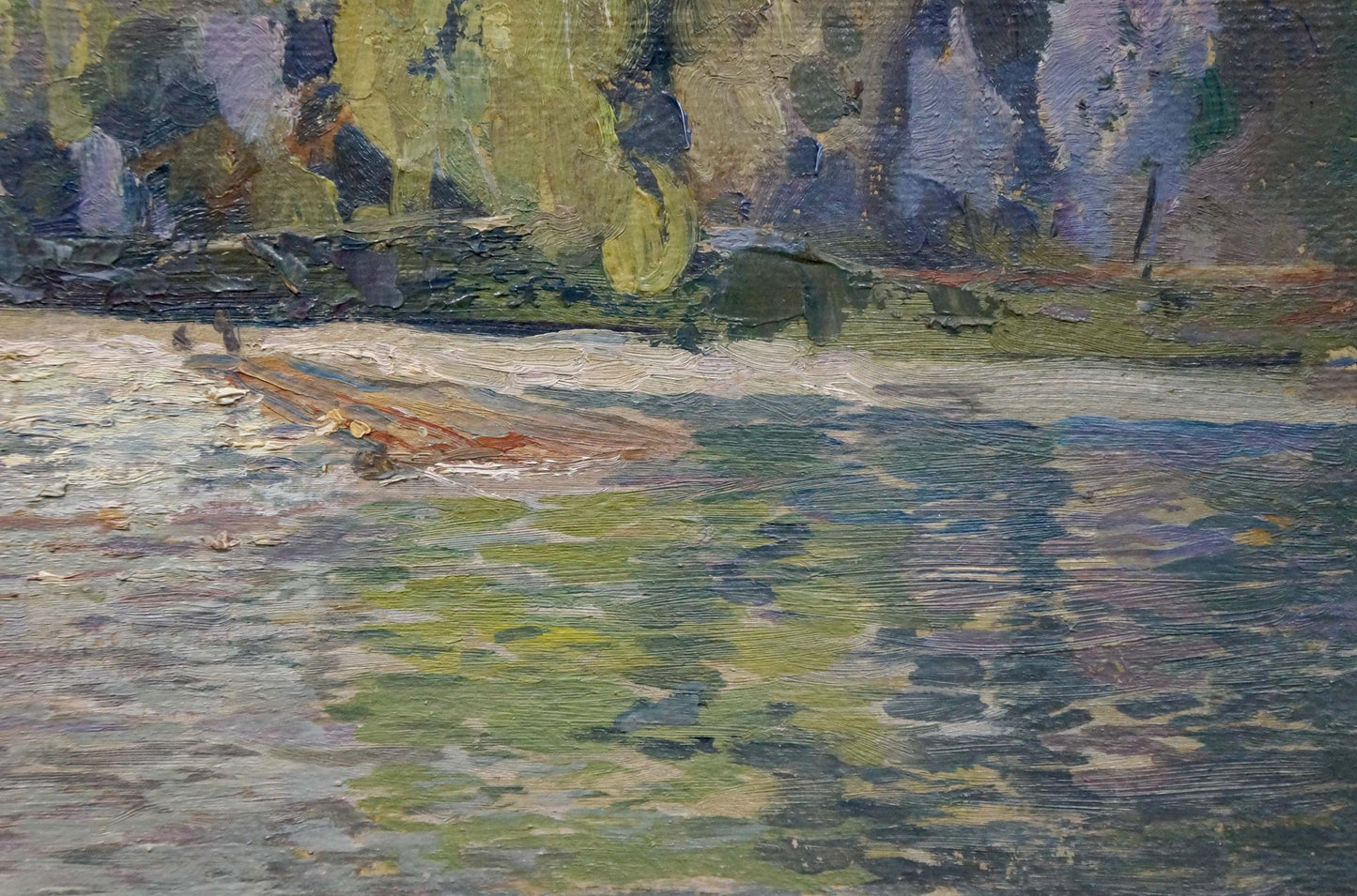 Oil painting by Kropko Alexander Petrovich: weathered log on calm water amid green foliage