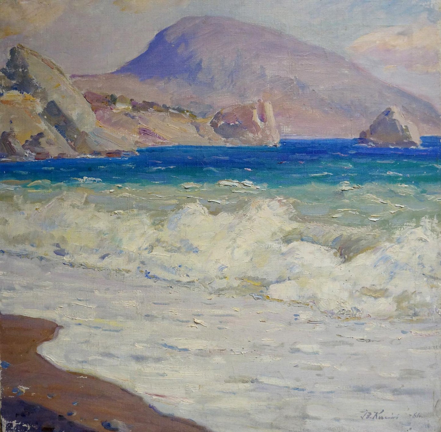Oil painting Waves in the Sea by Grigory Kisil: turquoise waves on shore