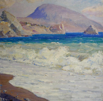 Oil painting Waves in the Sea by Grigory Kisil: turquoise waves on shore