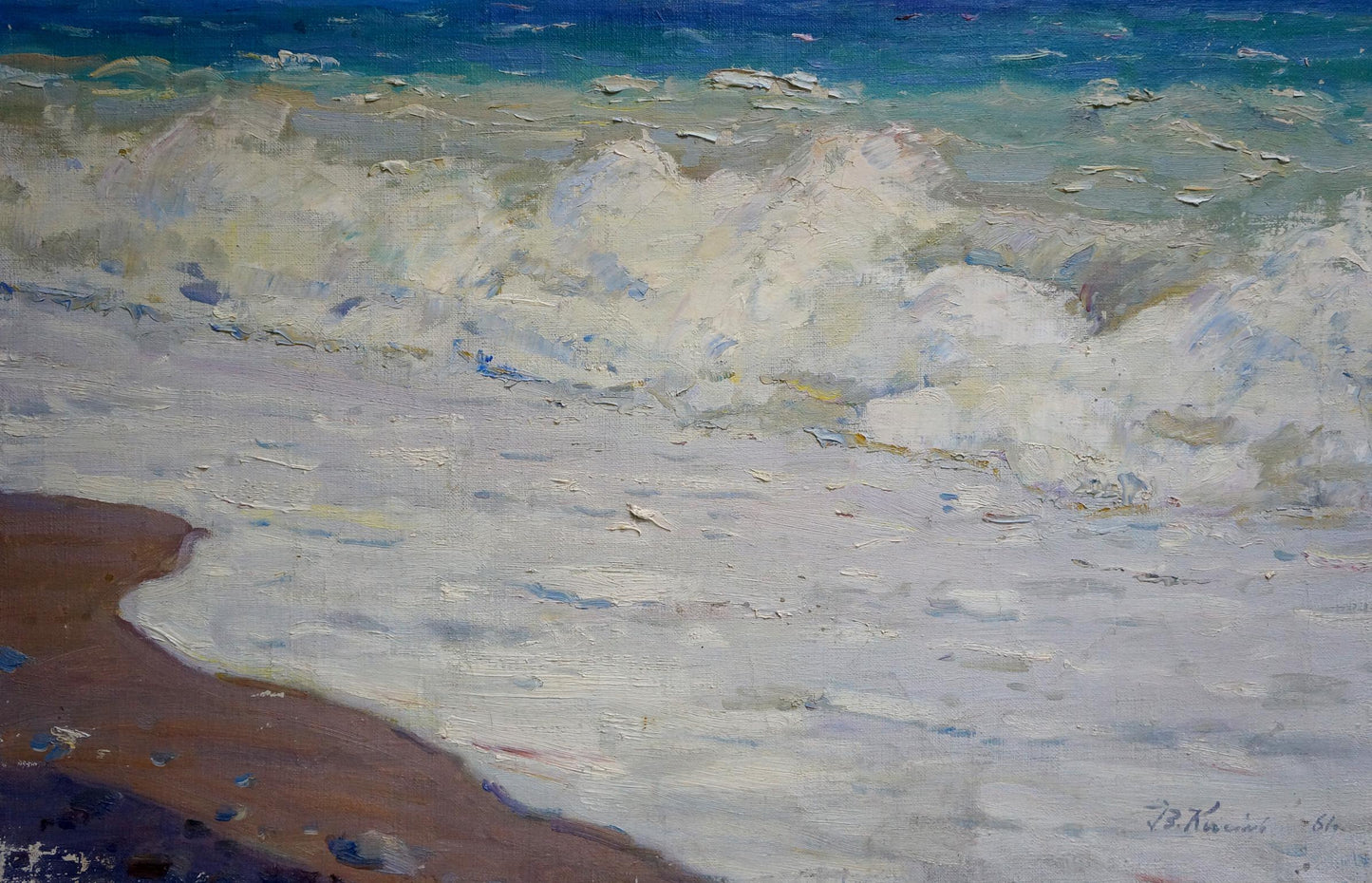 Oil painting Waves in the sea by Grigory Kisil: whimsical turquoise waves crashing on shore