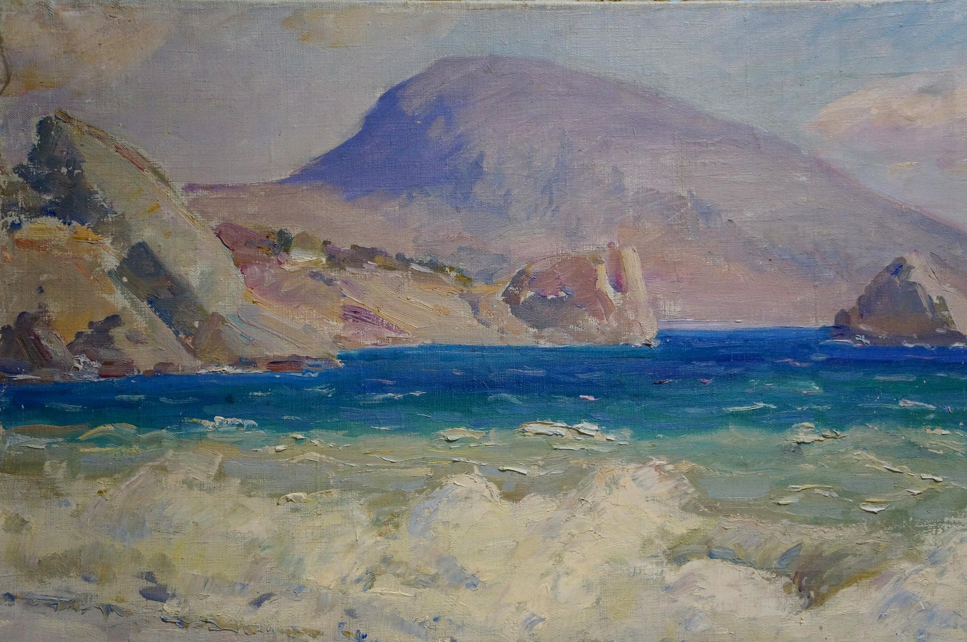 Oil painting Waves in the Sea by Grigory Kisil: coastal cliffs, blue water, mountains