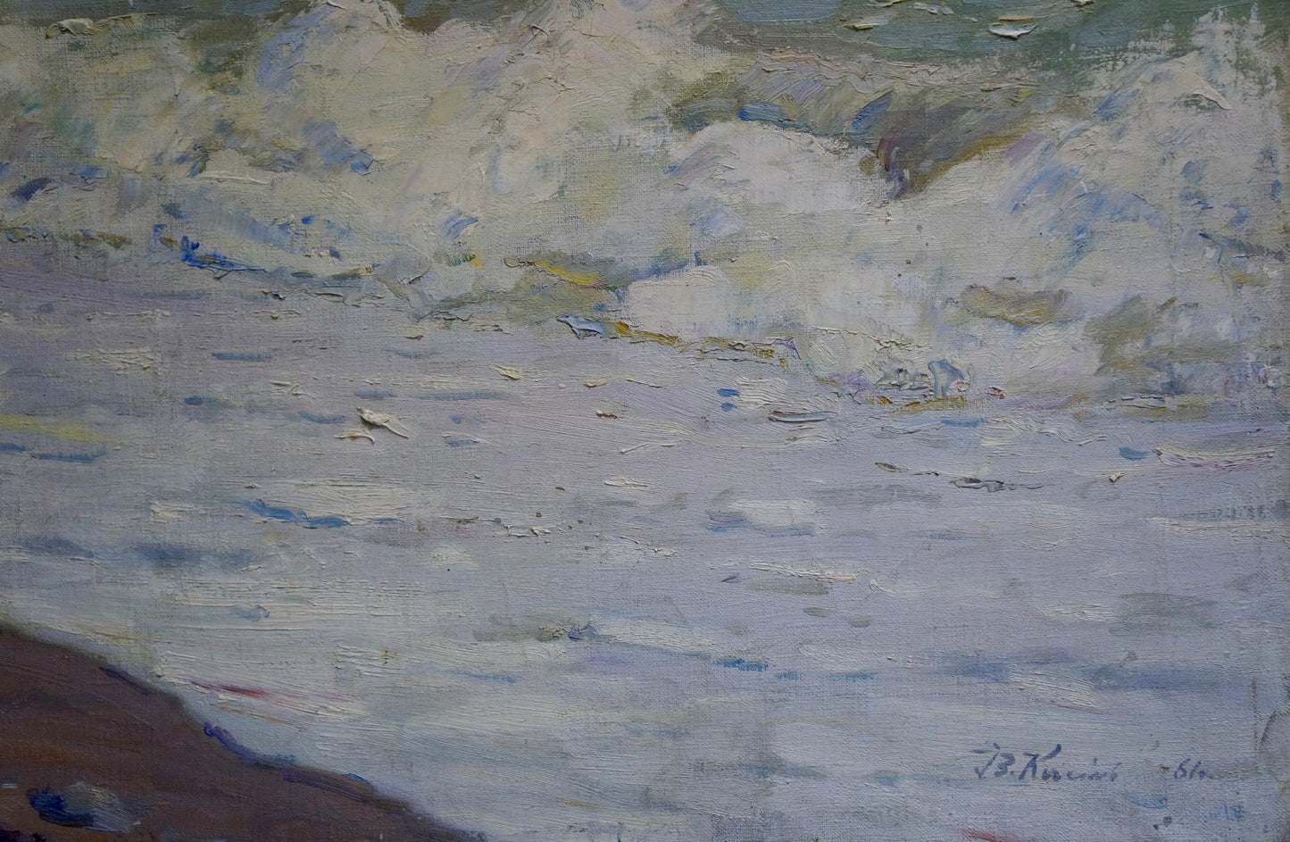 Textured impressionist oil painting of crashing ocean waves by Grigory Kisil