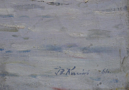 Oil painting Waves in the sea by Grigory Kisil, textured gray blue canvas signed