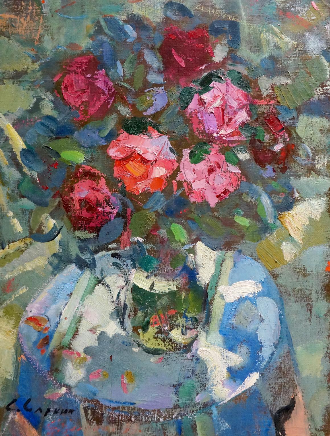 Oil painting of vibrant pink and red roses in glass vase by Artur Sarkisyan