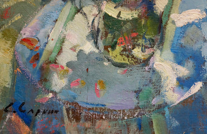 Artur Sarkisyan red roses oil painting with abstract blue green strokes