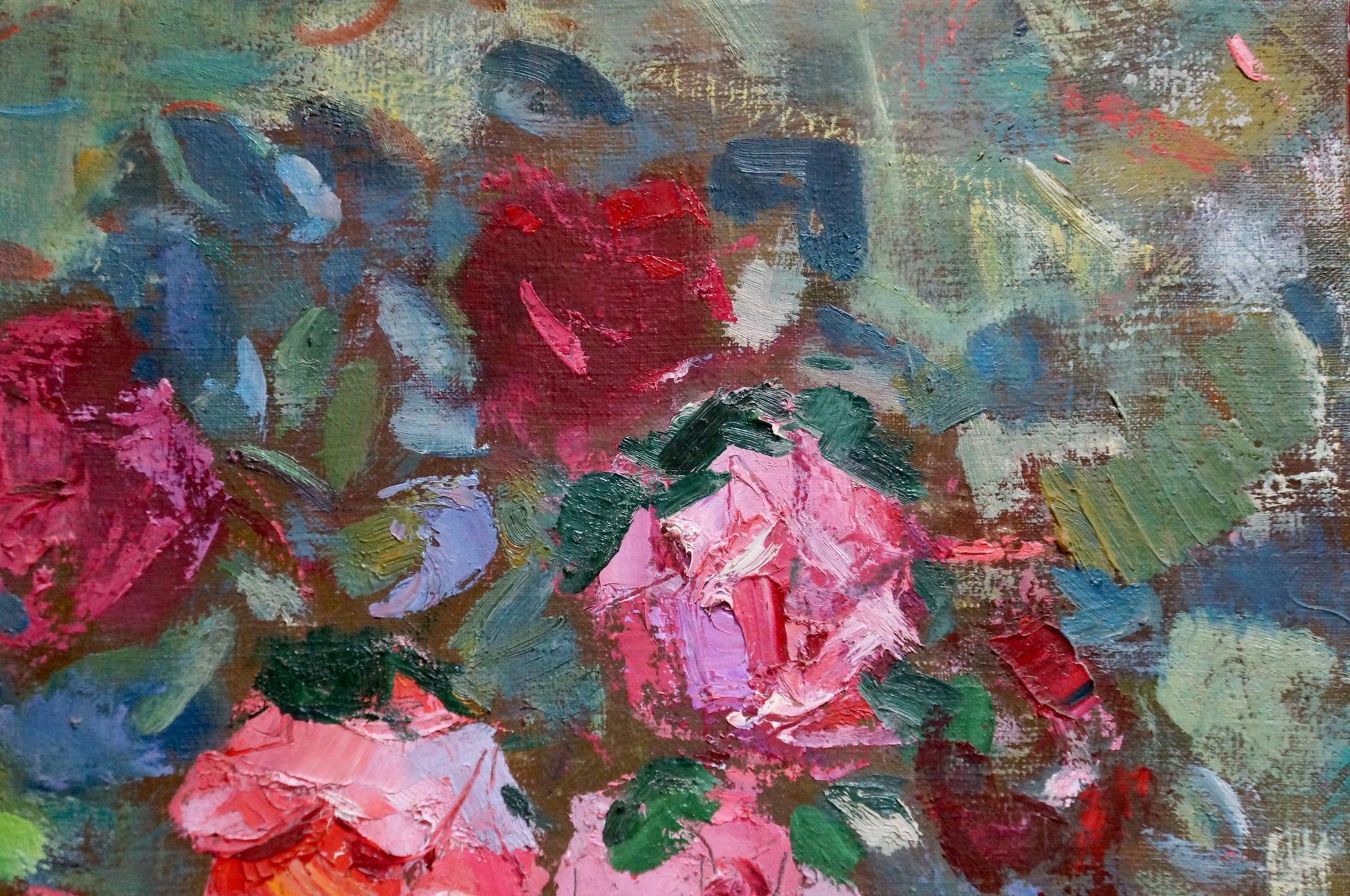 Oil painting of red roses by Artur Sarkisyan, impressionist style
