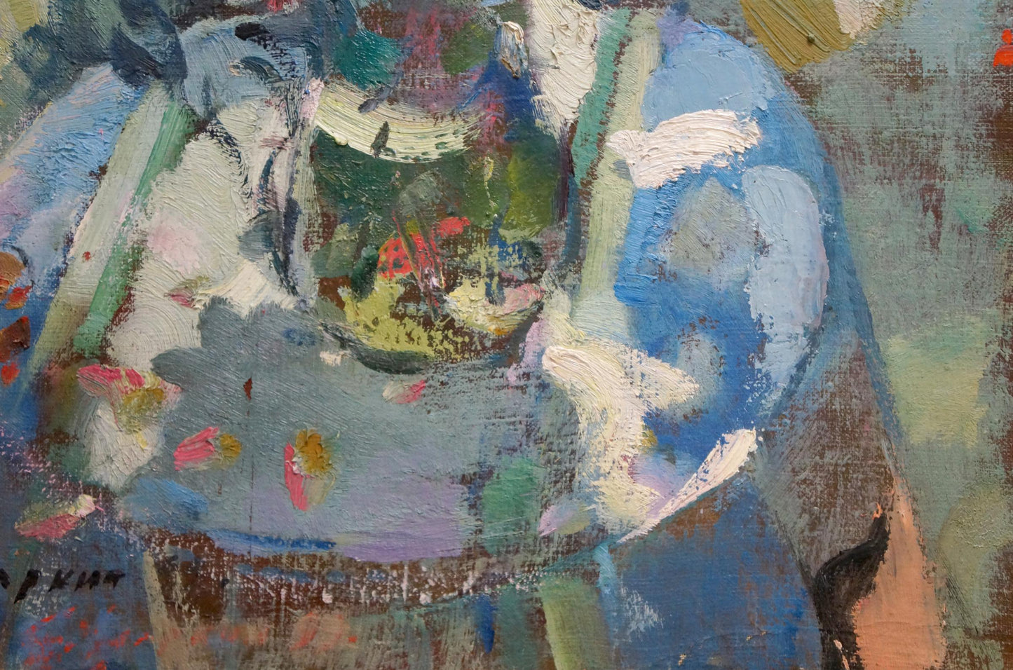Oil painting of red roses by Artur Sarkisyan in vibrant blue green strokes