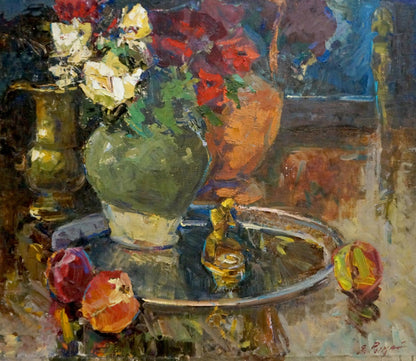 Oil painting of red and white roses by Ryman Evgeny Nikolaevich in green vase
