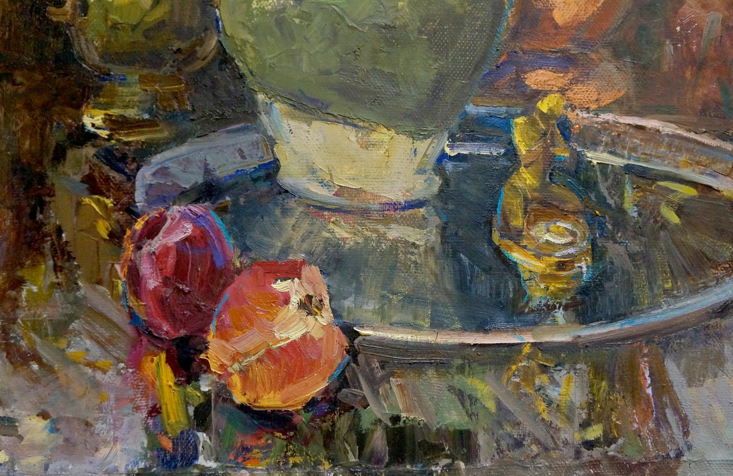 Oil painting by Ryman Evgeny Nikolaevich of green vase and pomegranates