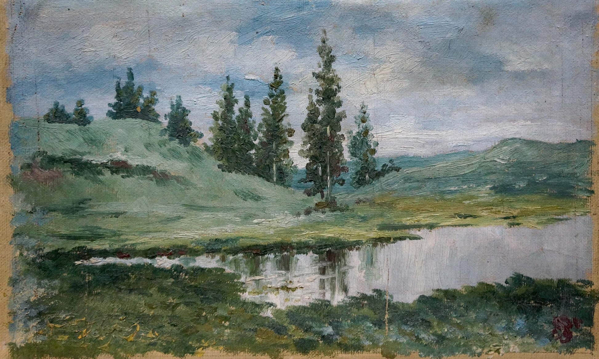 Oil painting After the Rain by D. Sitomir: serene hills, pines, lake