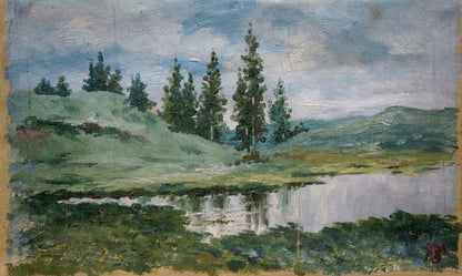 Oil painting After the Rain by D. Sitomir: serene hills, pines, lake