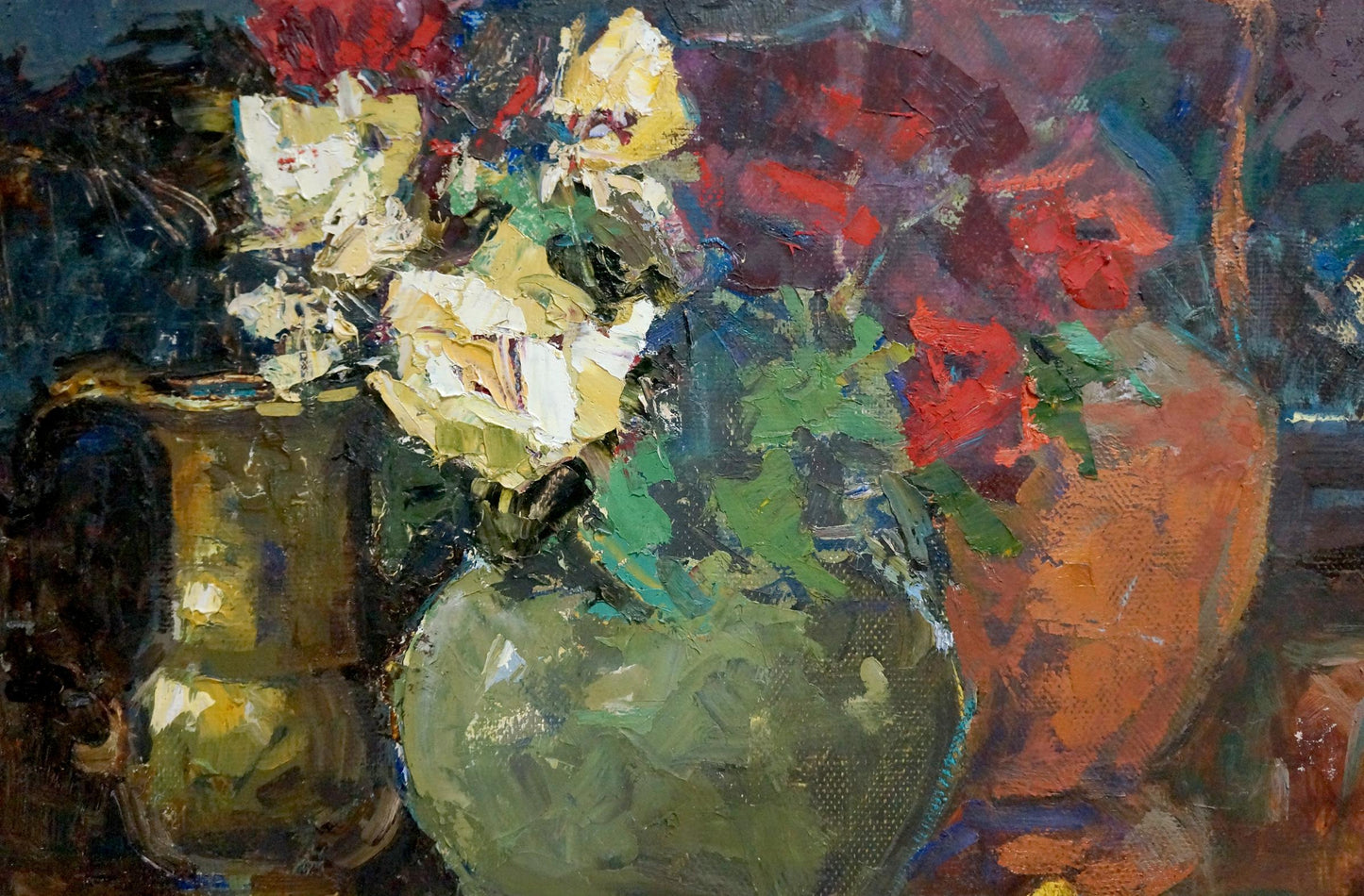 Oil painting of vibrant yellow and red roses in green ceramic vase by Ryman Evgeny Nikolaevich