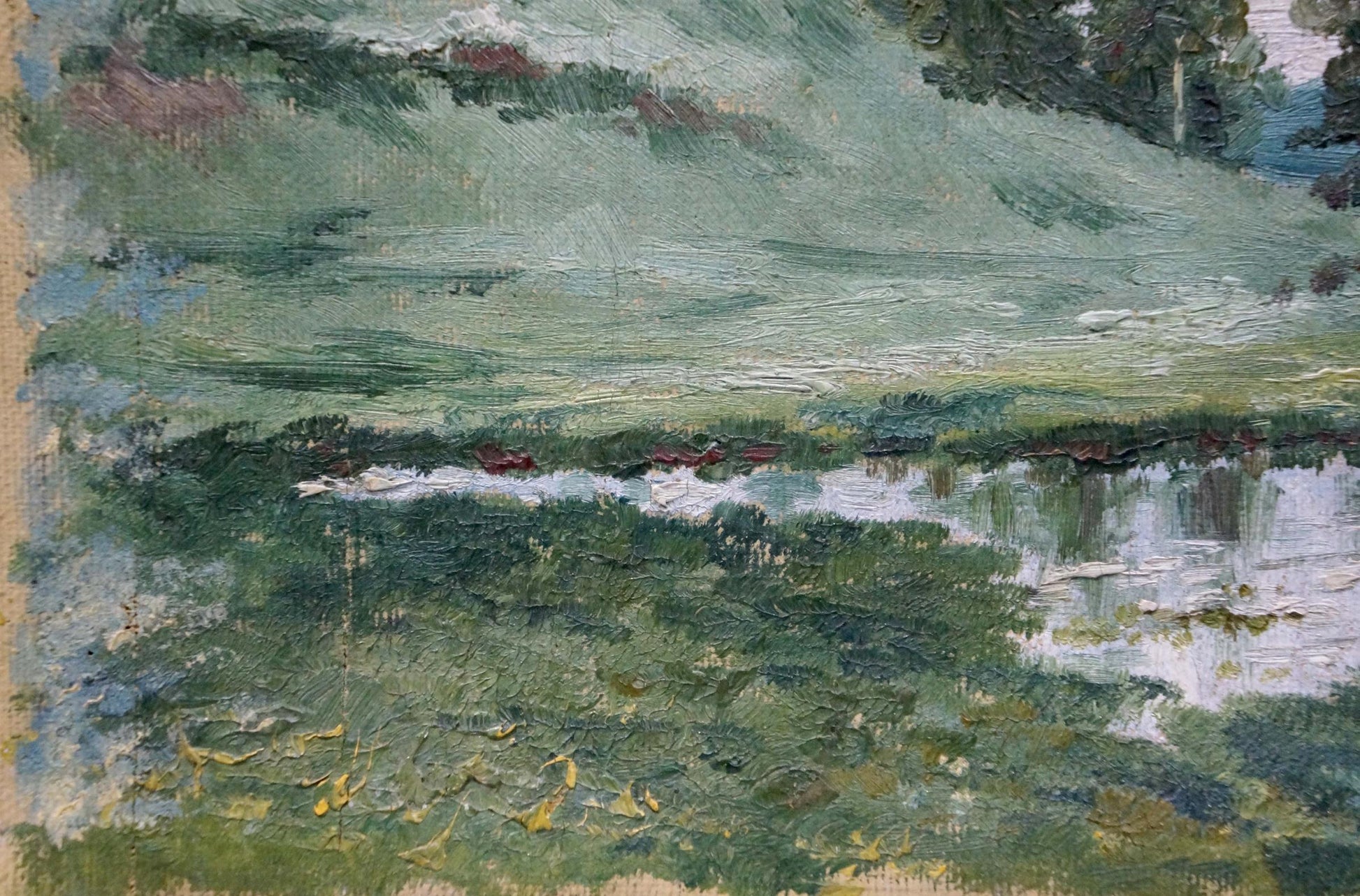 Oil painting After the Rain by D. Sitomir: serene green hills, water, foliage