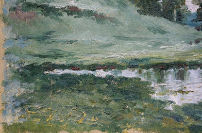 Oil painting After the Rain by D. Sitomir: serene green hills, water, foliage