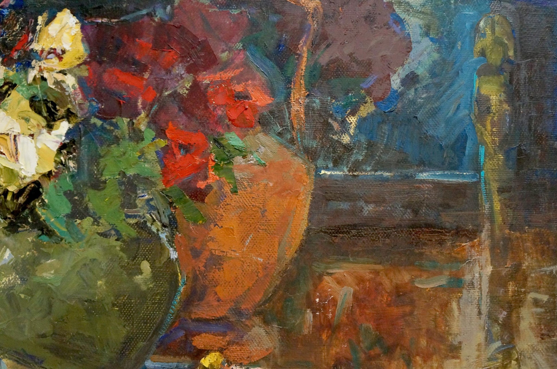 Oil painting of vibrant red and yellow roses by Ryman Evgeny Nikolaevich in orange vase