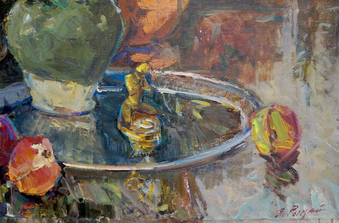 Oil painting of red and white roses by Ryman Evgeny Nikolaevich with silver tray, golden figurine, pomegranates