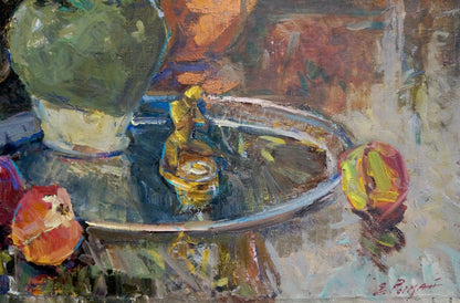 Oil painting of red and white roses by Ryman Evgeny Nikolaevich with silver tray, golden figurine, pomegranates