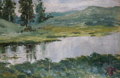Serene oil painting After the Rain by D. Sitomir, impressionist lake and hills