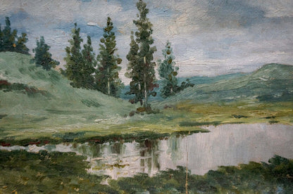 Serene impressionist oil painting After the Rain by D. Sitomir with pine trees