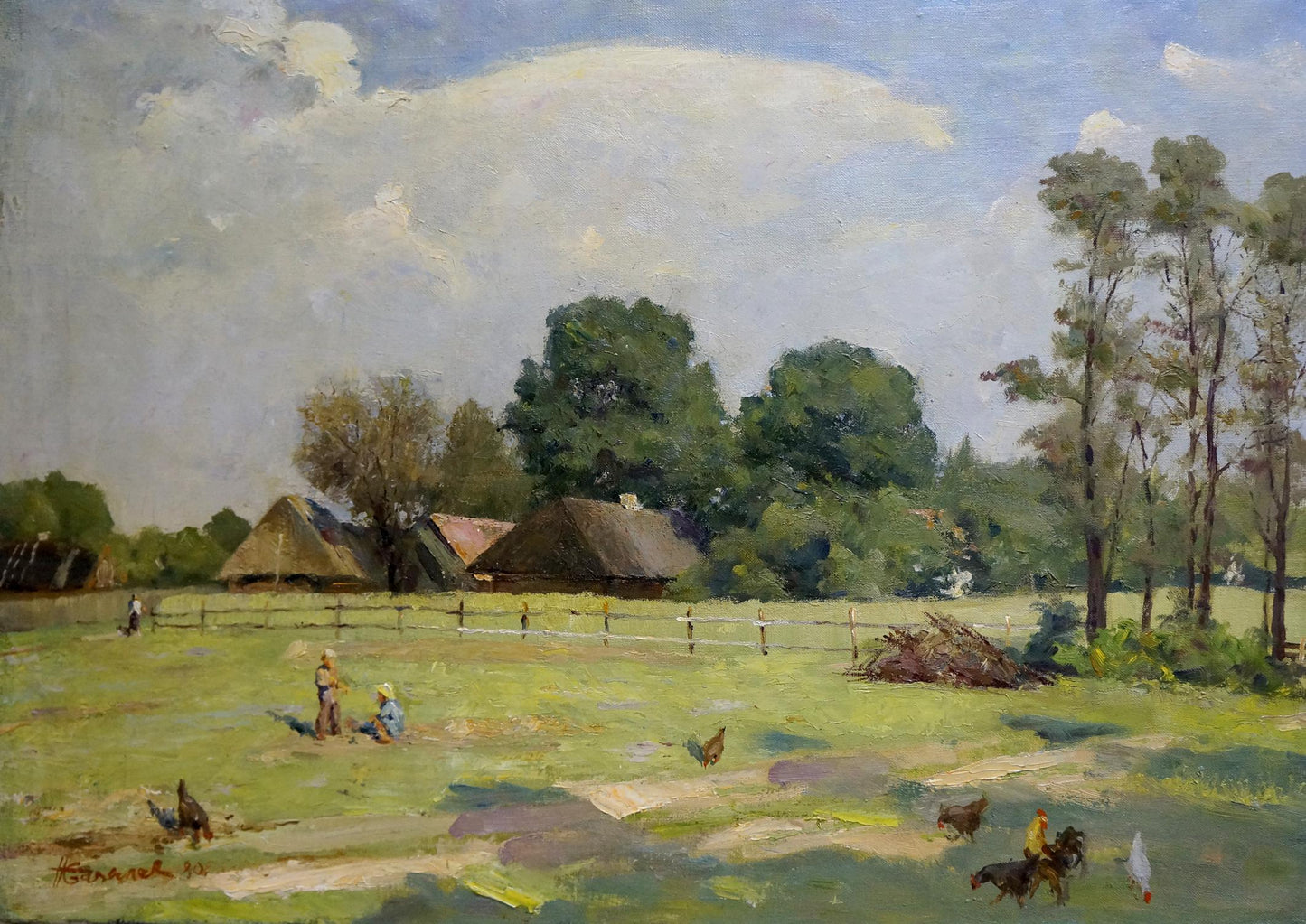 Oil painting In the Village by Bazylev Nikolay Ivanovich rural scene