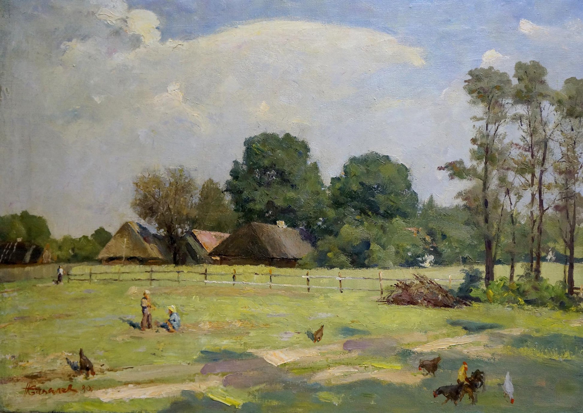 Oil painting In the Village by Bazylev Nikolay Ivanovich rural scene