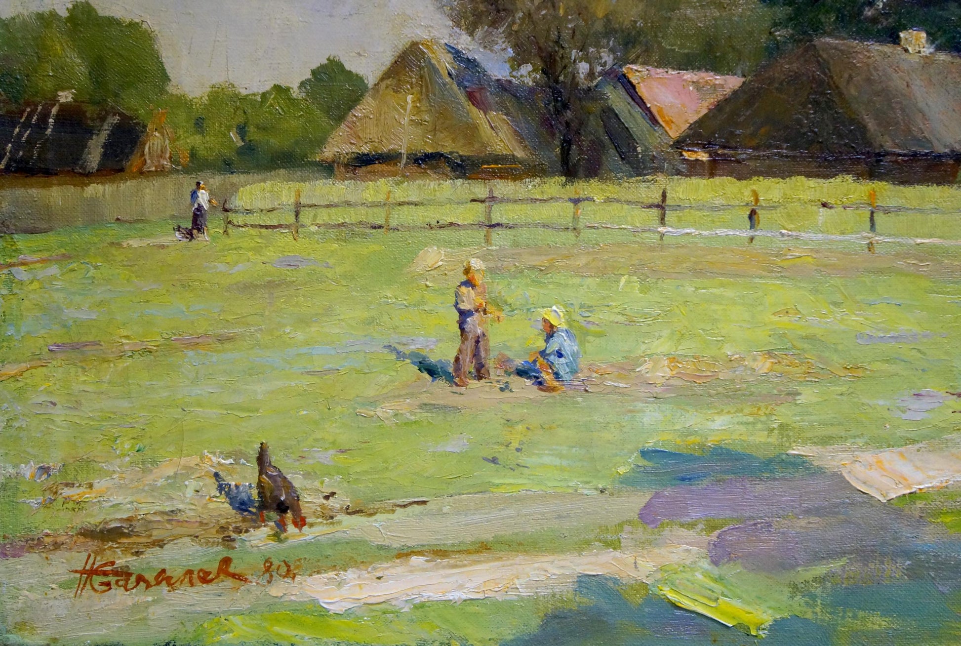 Vibrant impressionistic oil painting by Bazylev Nikolay Ivanovich of rural village scene