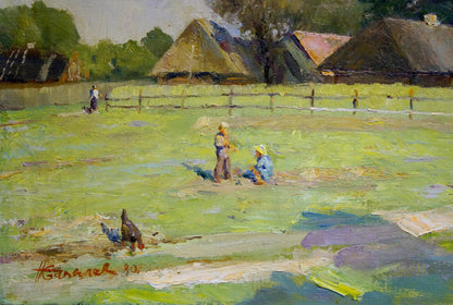 Vibrant impressionistic oil painting by Bazylev Nikolay Ivanovich of rural village scene