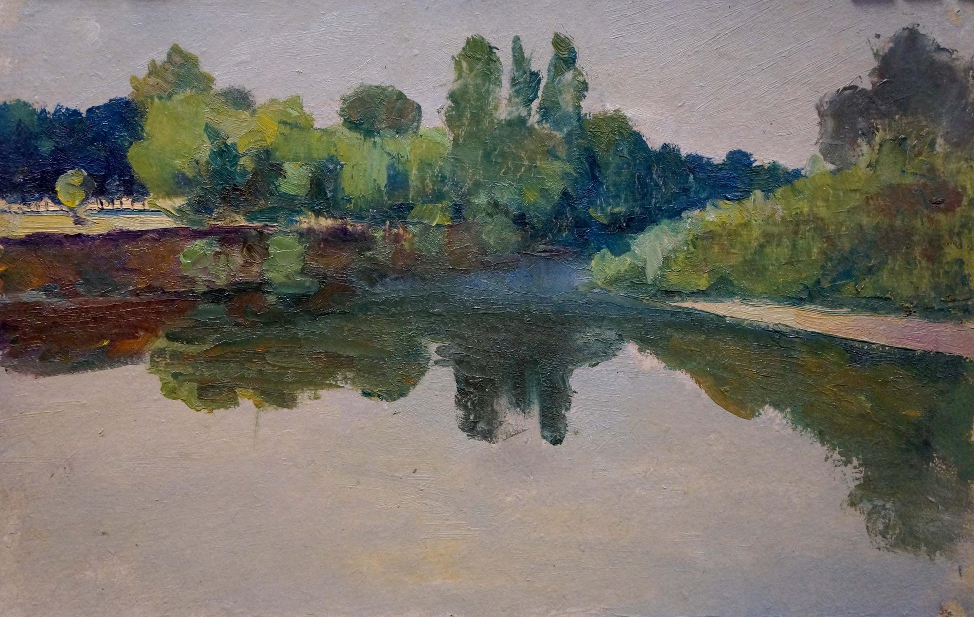 Serene impressionist oil painting Evening over the river by Dmitry Lednev