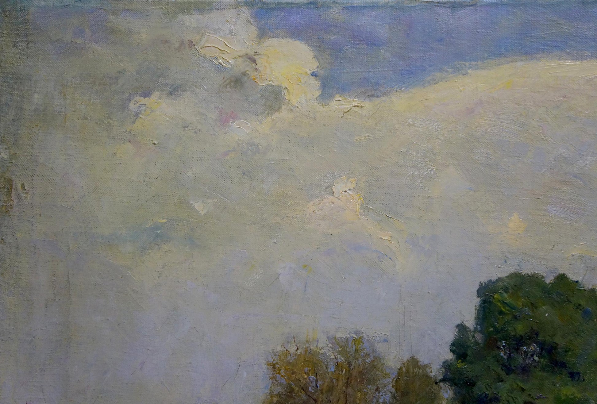 Oil painting In the village by Bazylev Nikolay Ivanovich, muted blue sky with trees
