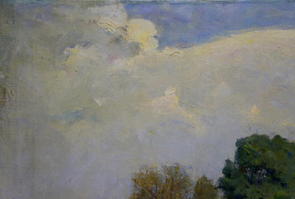 Oil painting In the village by Bazylev Nikolay Ivanovich, muted blue sky with trees