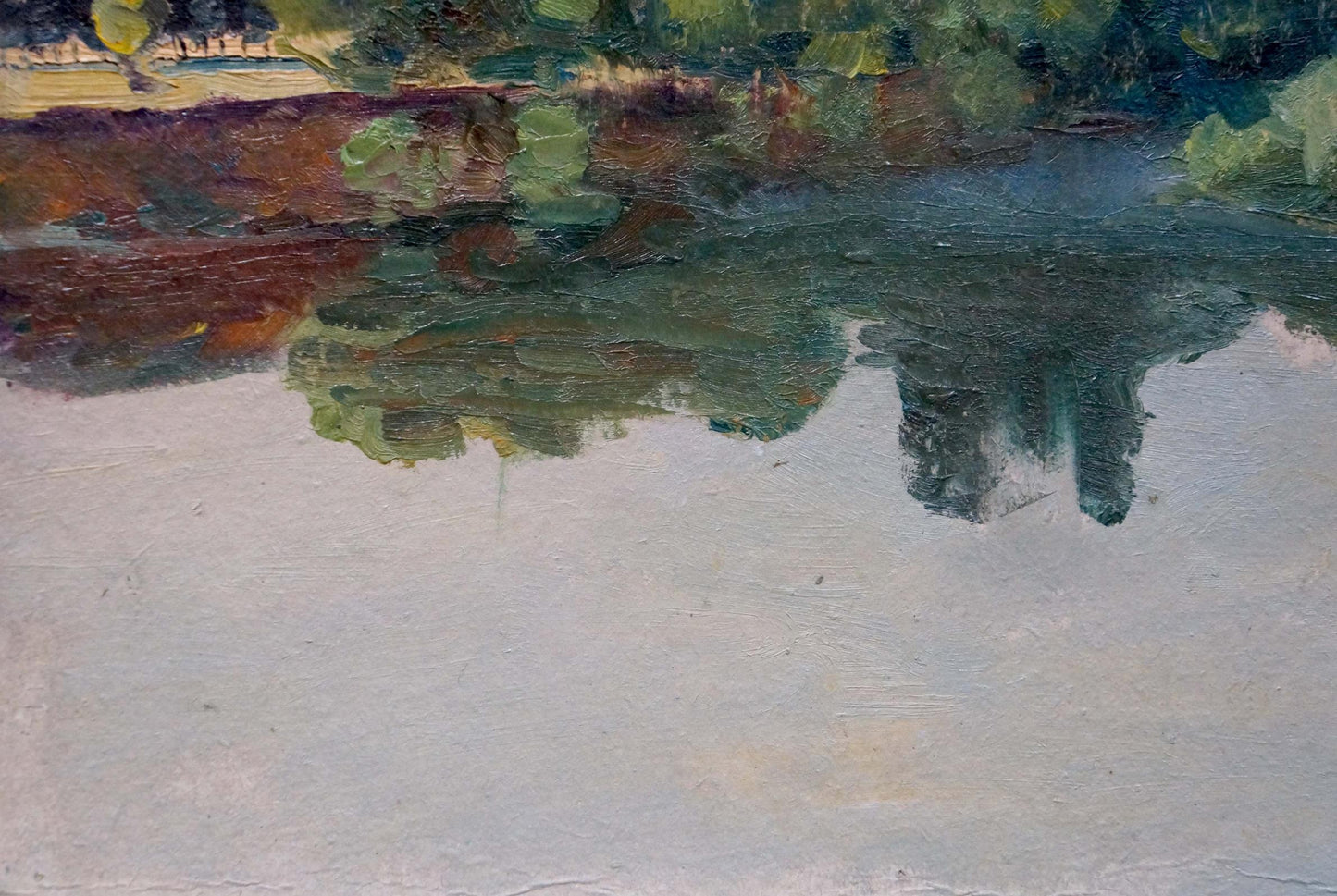 Oil painting Evening over the river by Dmitry Lednev, tranquil water reflection