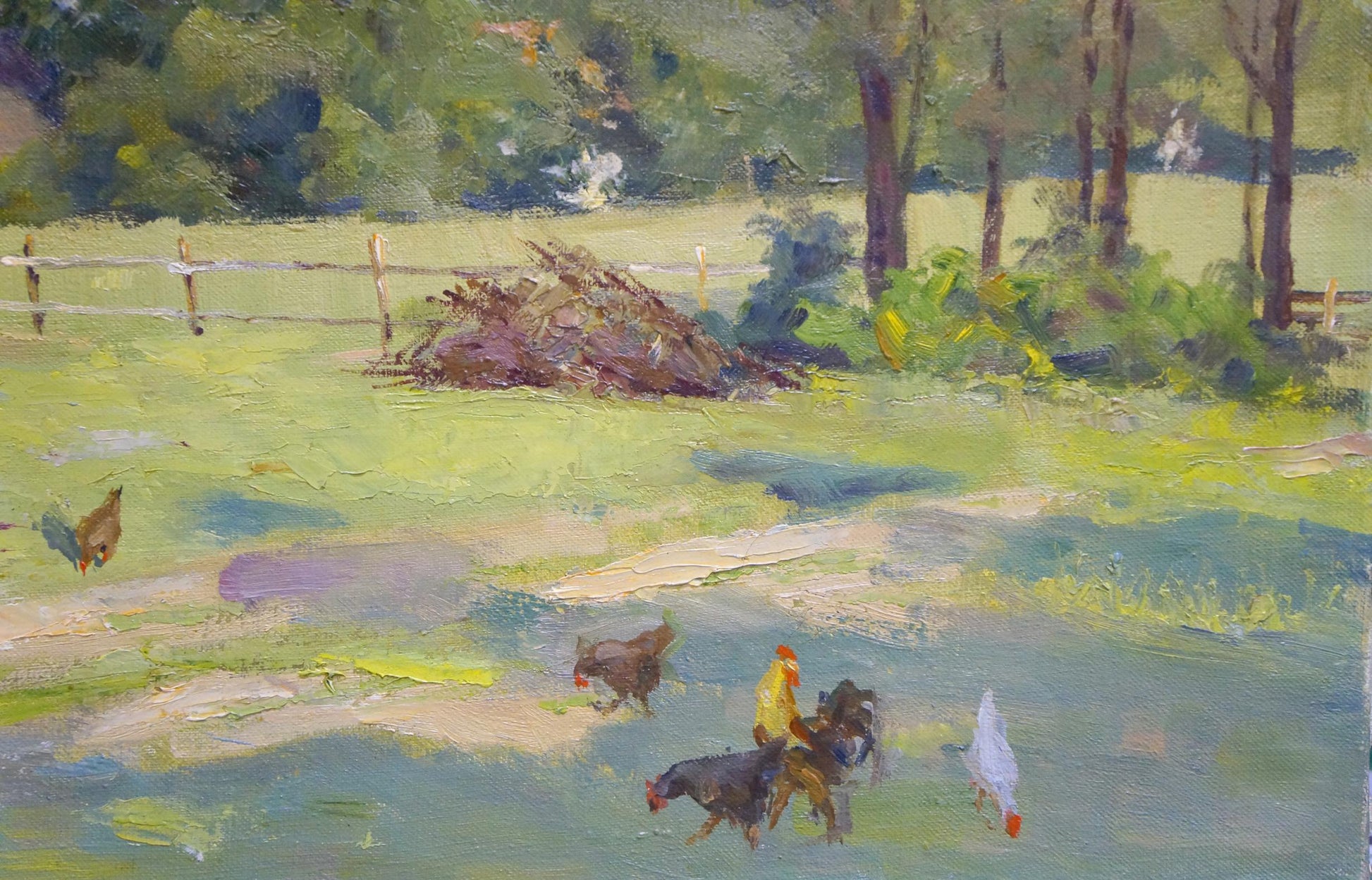 Oil painting In the village by Bazylev Nikolay Ivanovich, impressionistic chickens in field