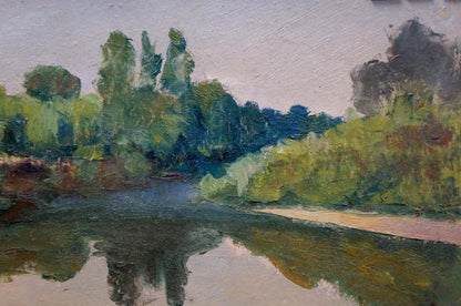 Oil painting Evening over the river by Dmitry Lednev serene riverbank scene