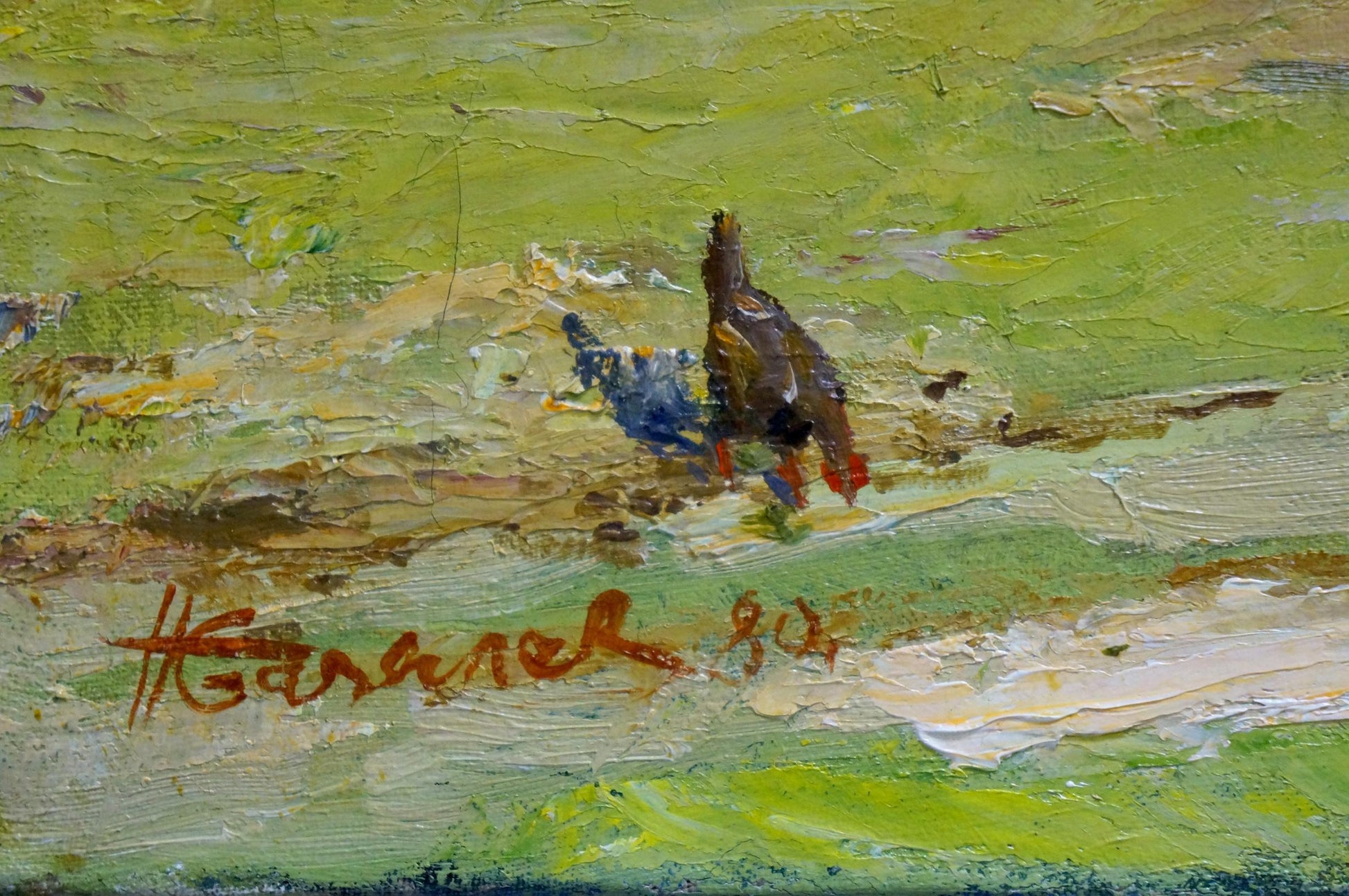 Oil painting by Bazylev Nikolay Ivanovich: dark chicken on green landscape