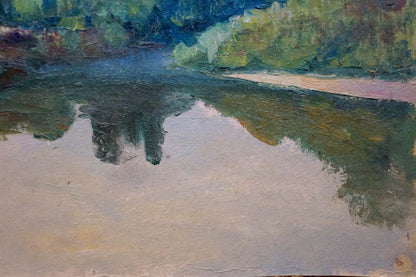 Serene impressionist oil painting Evening over the river by Dmitry Lednev