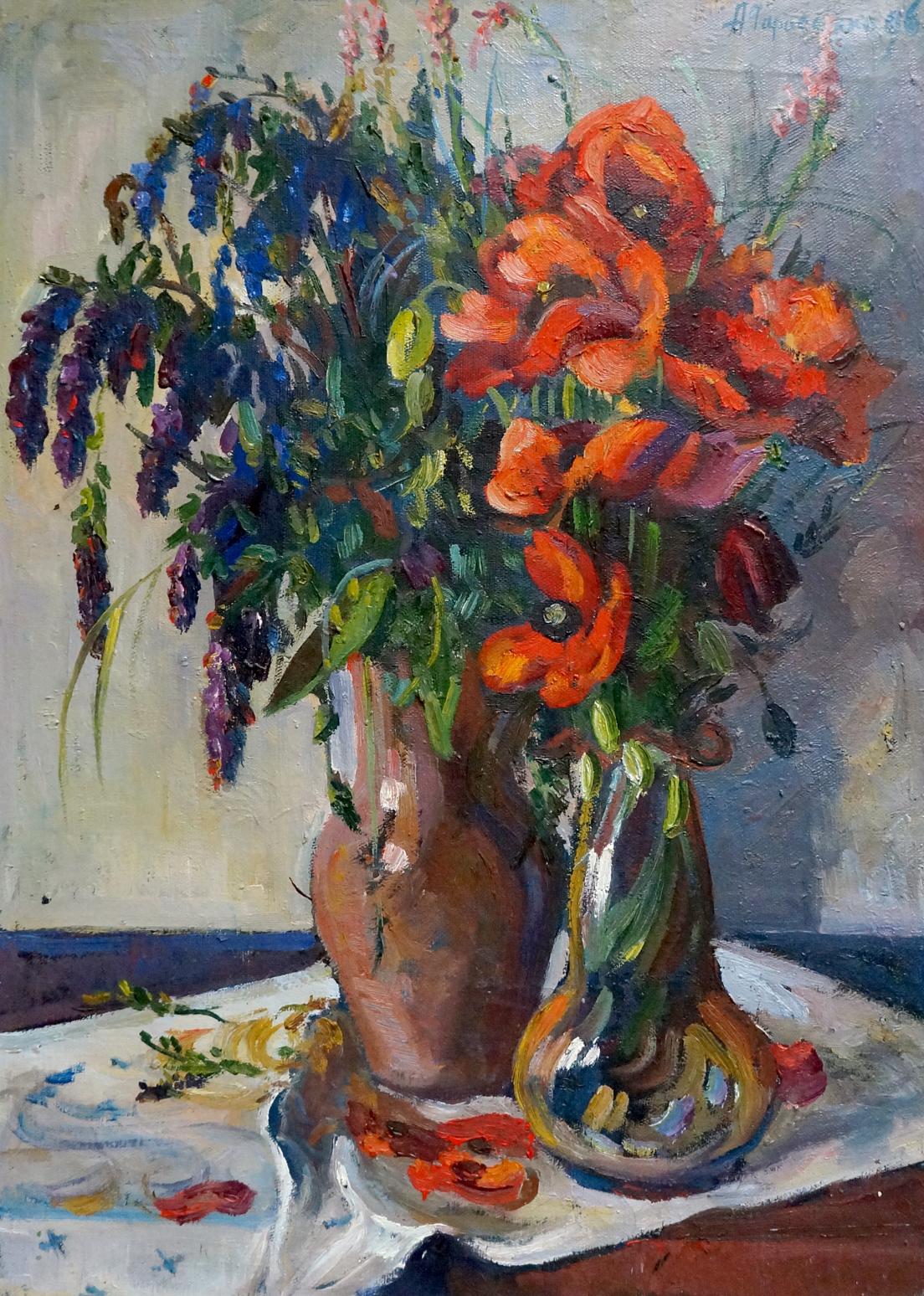 Oil painting by Tarasenko Alexander Petrovich: orange poppies, purple flowers in terracotta and glass vases