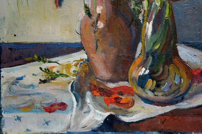 Oil painting by Tarasenko Alexander Petrovich: earthenware vase with red flowers