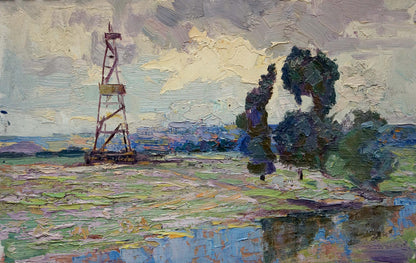 Oil painting of weathered rust-colored lighthouse by Marynichenko Grigory Andreevich