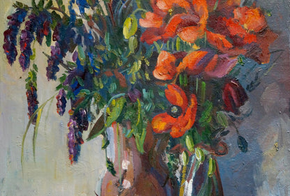 Oil painting by Tarasenko Alexander Petrovich of vase with orange poppies and purple flowers