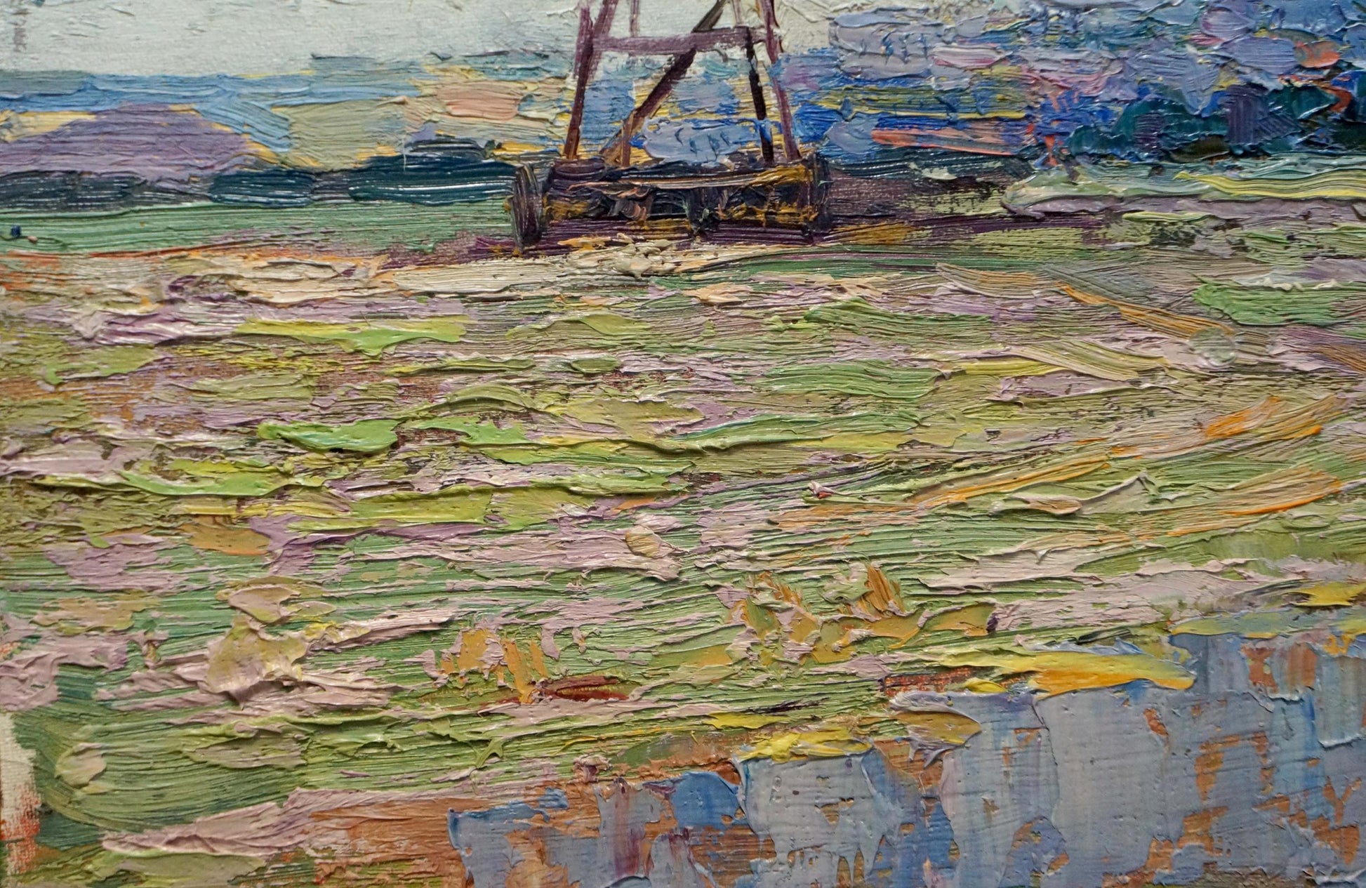Oil painting by Marynichenko Grigory Andreevich: weathered dredge in green field