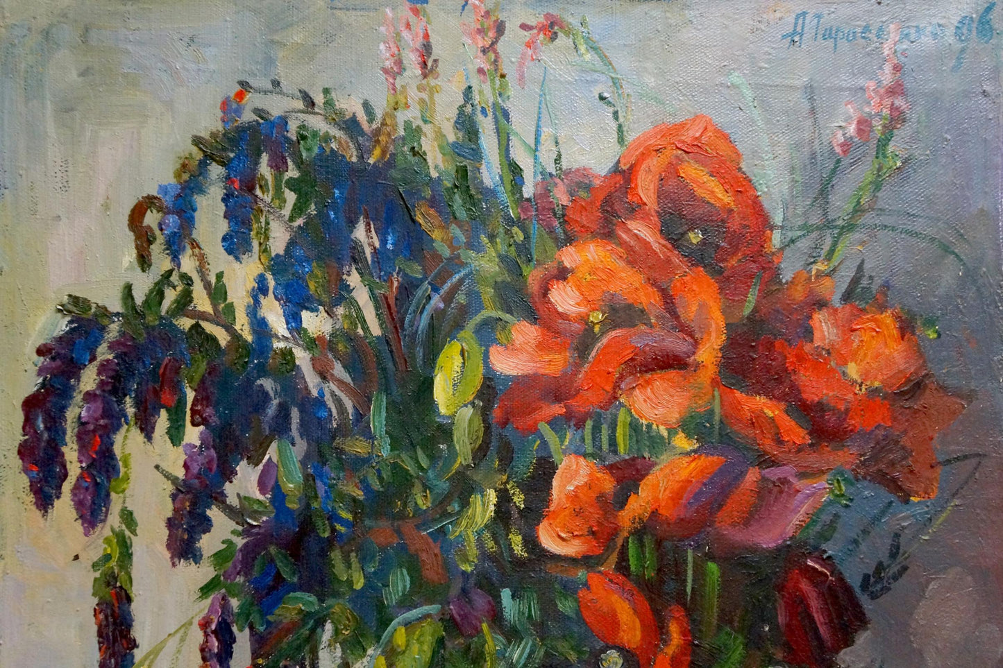 Oil painting Flowers by Tarasenko Alexander Petrovich: orange poppies, delphiniums