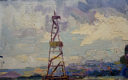 Oil painting of weathered reddish-brown lighthouse by Marynichenko Grigory Andreevich