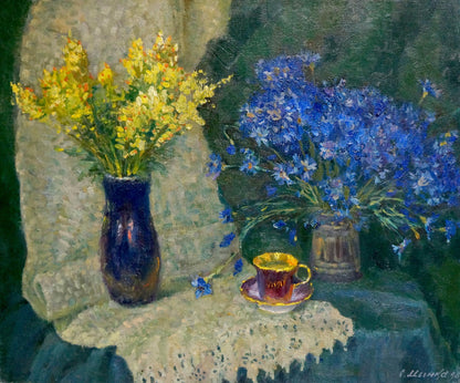 Oil painting of yellow flowers in blue vase by Mynka Alexander Fedorovich