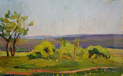 Oil painting Summer day: impressionist landscape with vibrant green foliage