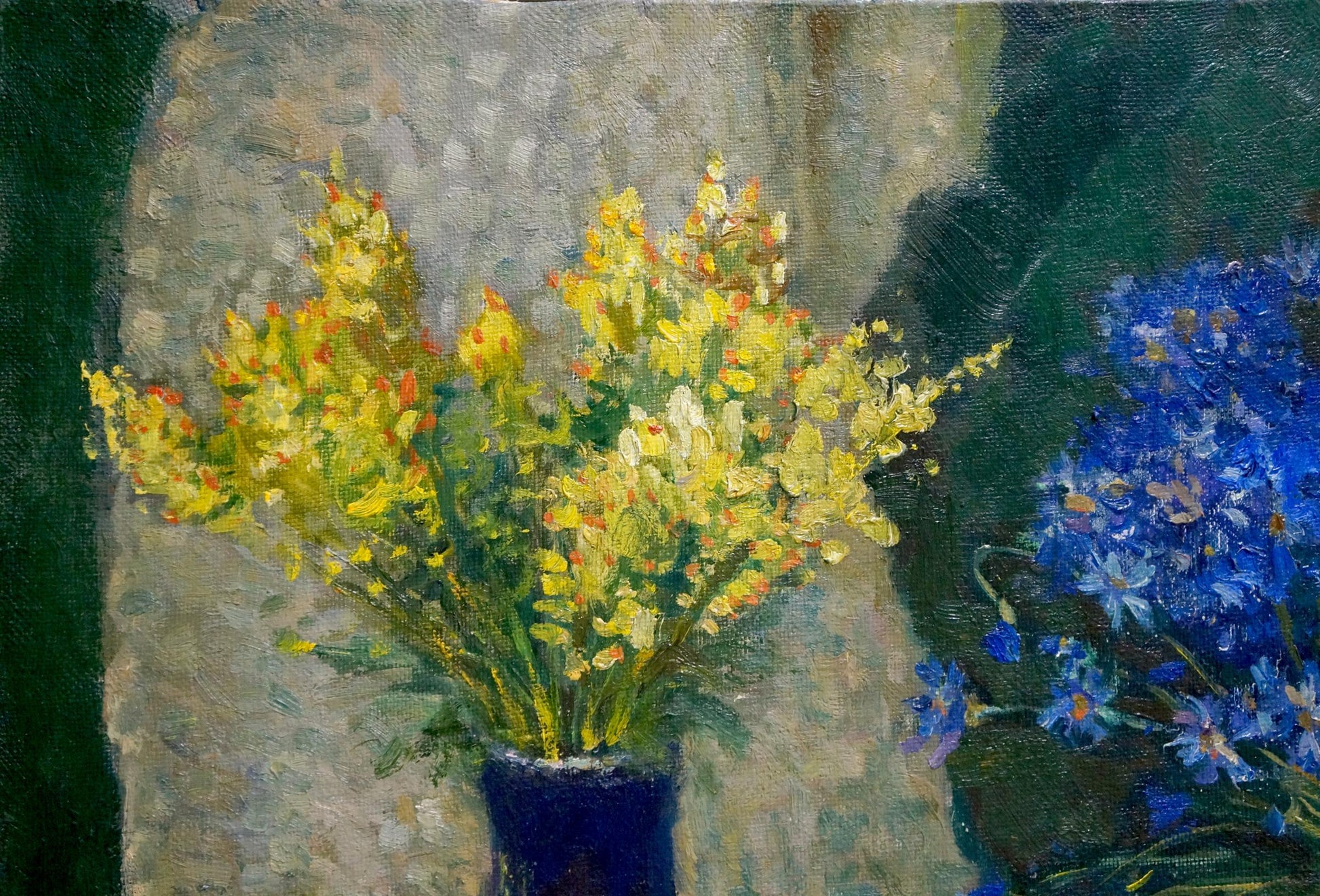 Oil painting of yellow white flowers in blue vase by Mynka Alexander Fedorovich