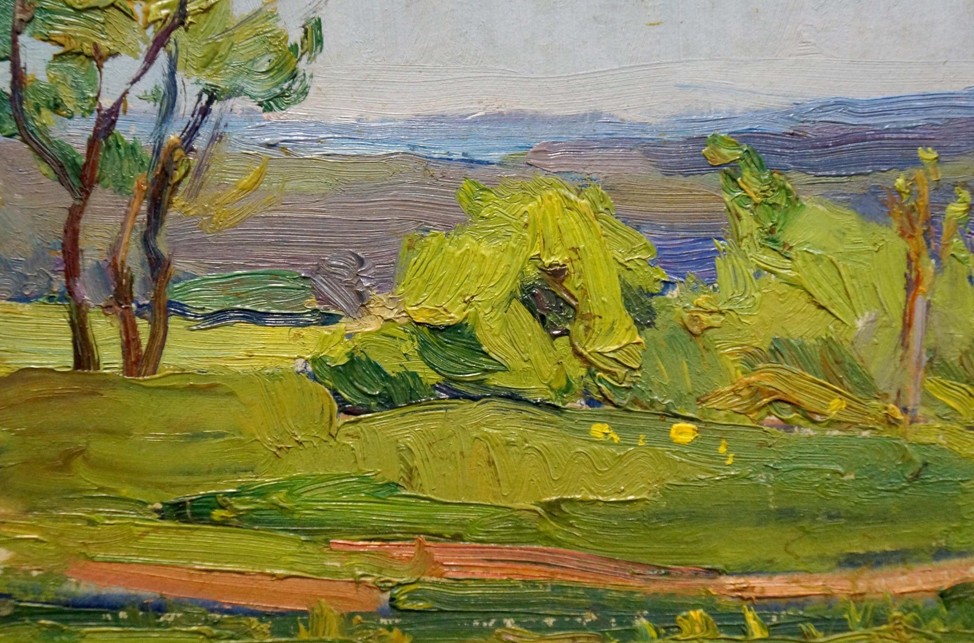 Oil painting Summer day: vibrant impressionist landscape with green hills