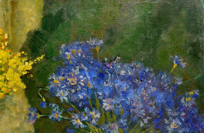 Impressionistic oil painting of blue flowers by Mynka on towel