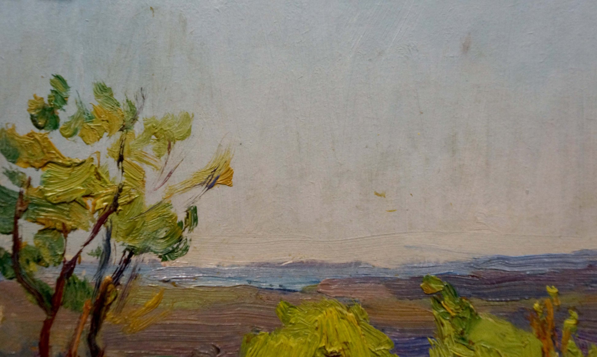Oil painting Summer day with impressionistic green foliage and muted sky