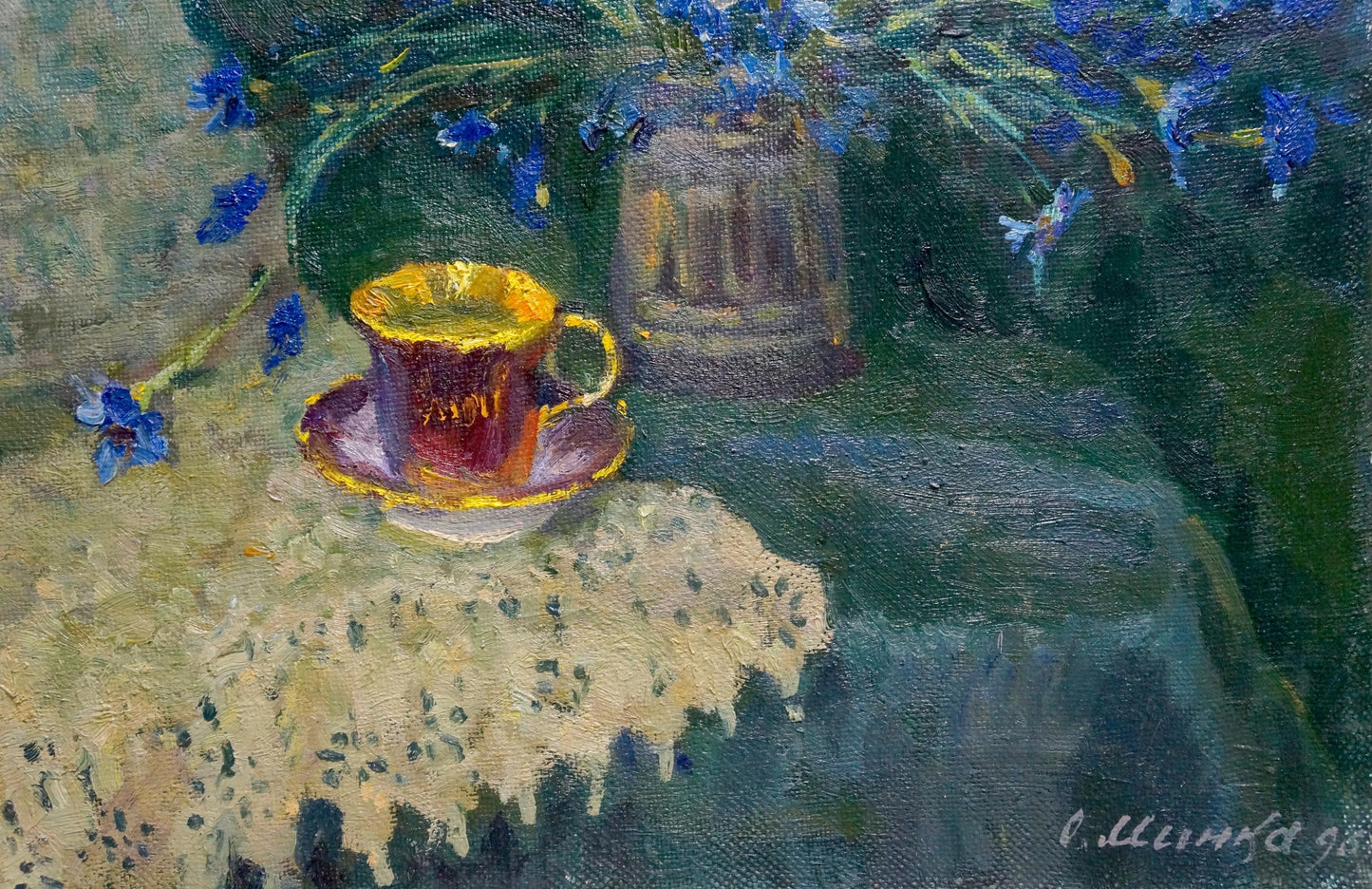 Oil painting of golden-rimmed teacup on saucer by Mynka on embroidered cloth
